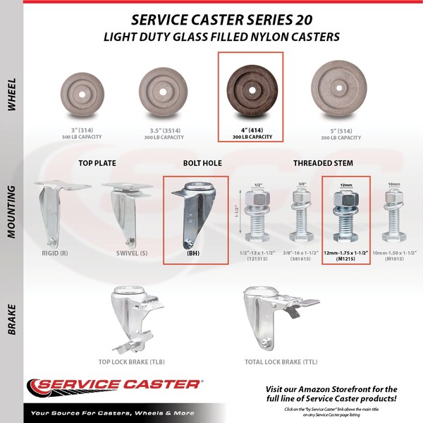 Service Caster 4 Inch SS High Temp Glass Filled Nylon 12mm Threaded Stem Caster Brake, 2PK SCC-SSTS20S414-GFNSHT-M1215-2-TLB-2 - main